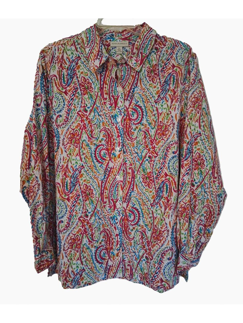 Appleseed's Women's Multicolor Paisley Button Front Long/Roll Tab Sleeve, XL